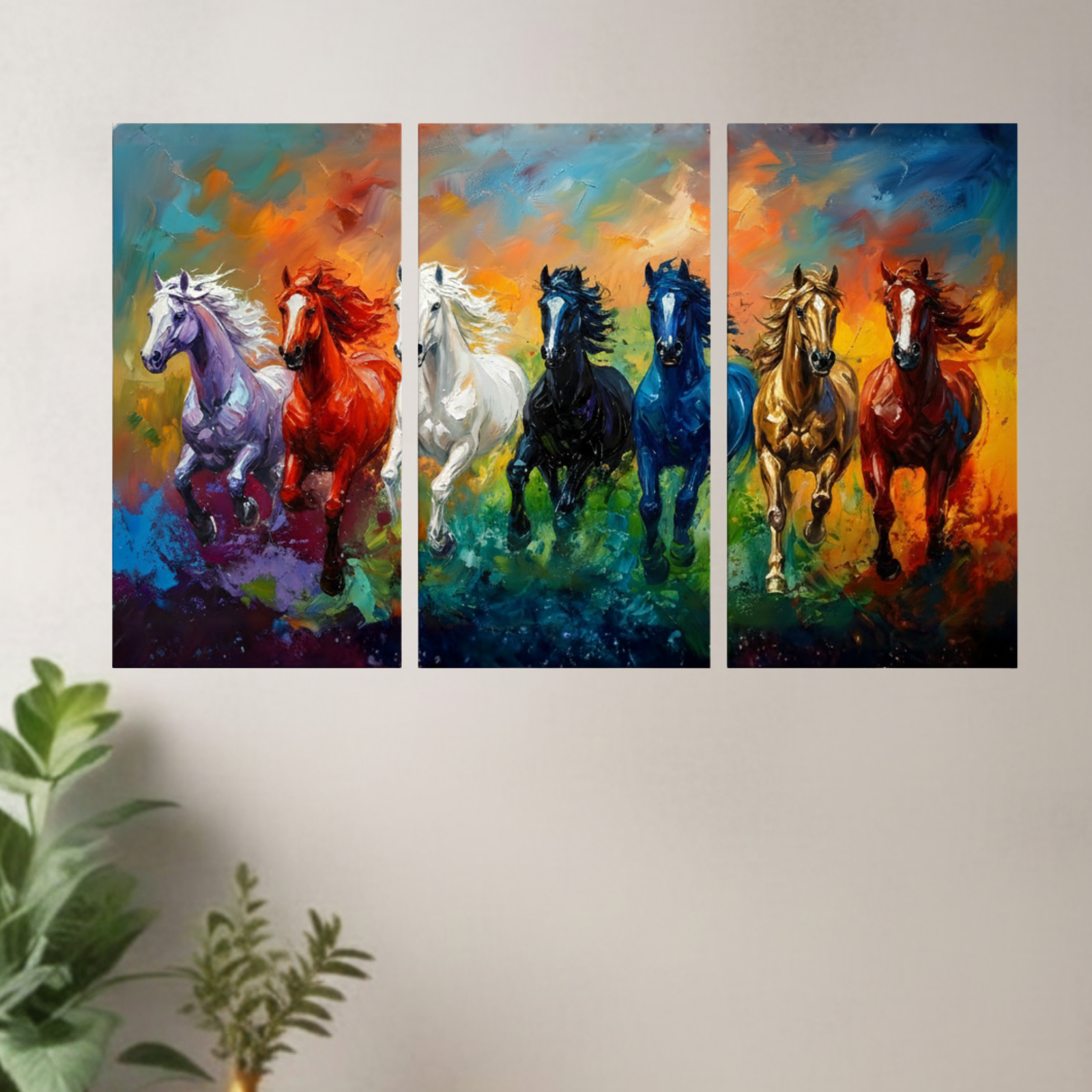 Abstract Wild Horses Triptych Wall Painting Vibrant Art for Home and Office