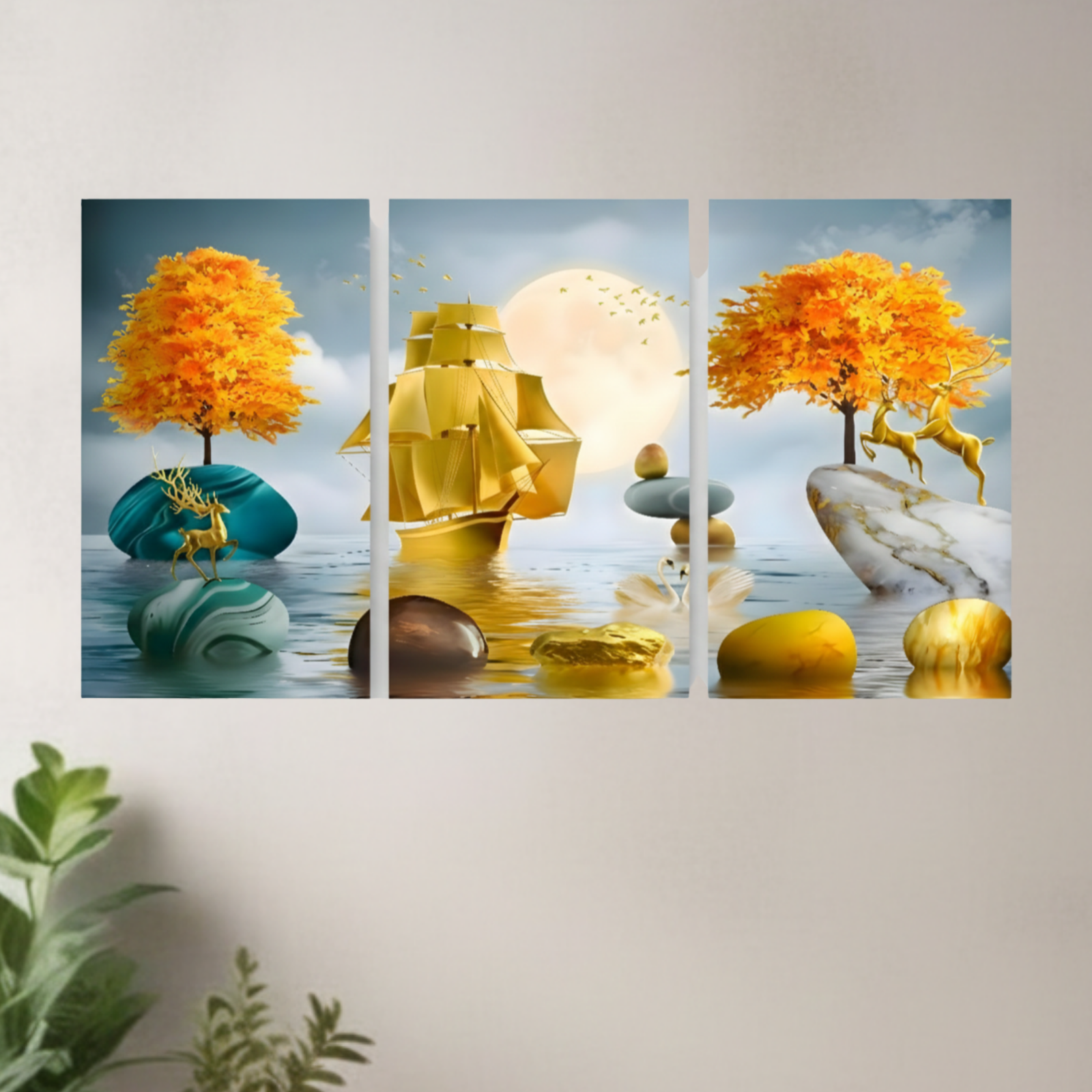 Luxury Golden Tree and Ship Wall Art Modern Home and Office Decor