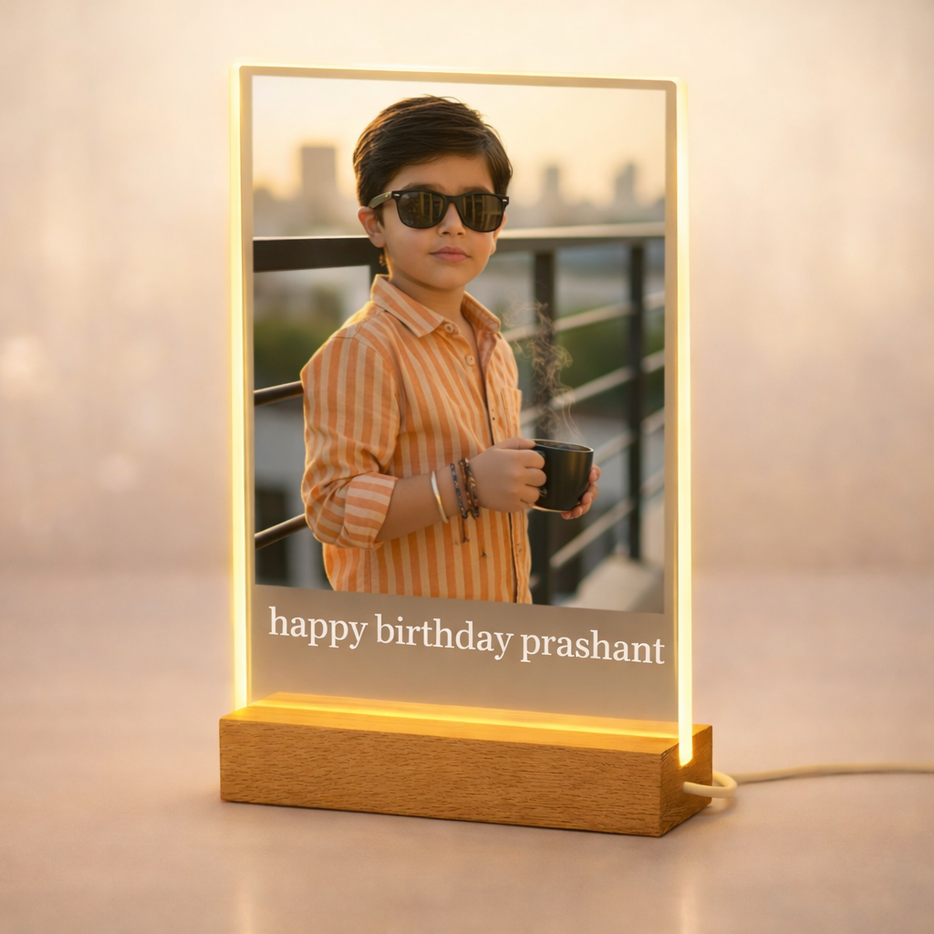 Personalized Kids Acrylic Photo LED Lamp with Wooden Base