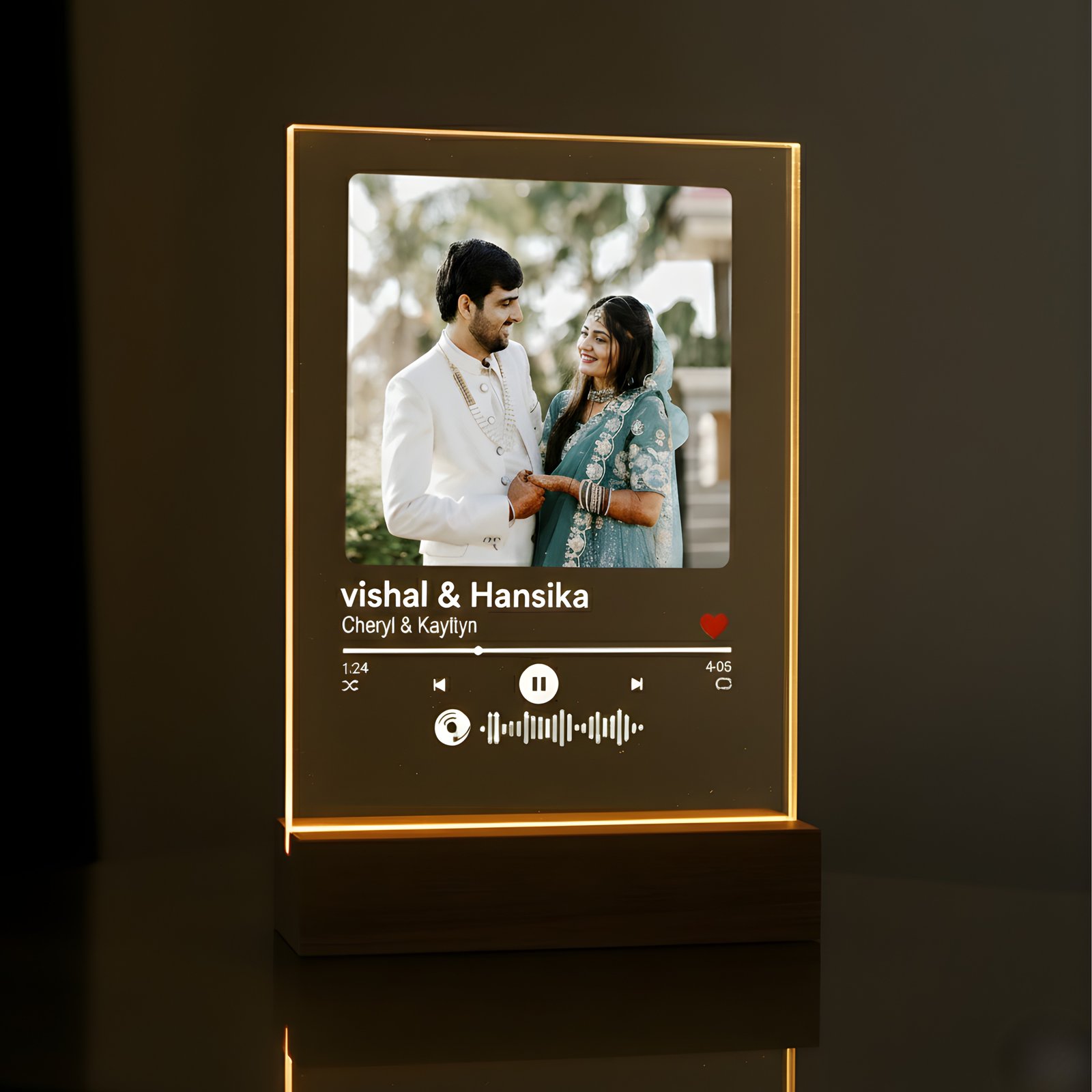 Personalized LED Acrylic Couple Photo Frame with Wooden Base